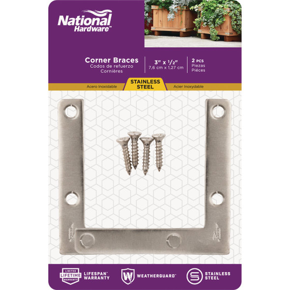 National Hardware 3 In. x 1-2 In. Stainless Steel Flat Corner Brace (2-Count) N348-334 240929
