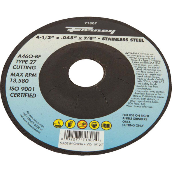 Forney Type 27 4-1/2 In. x 0.045 In. x 7/8 In. Stainless Cut-Off Wheel 71807