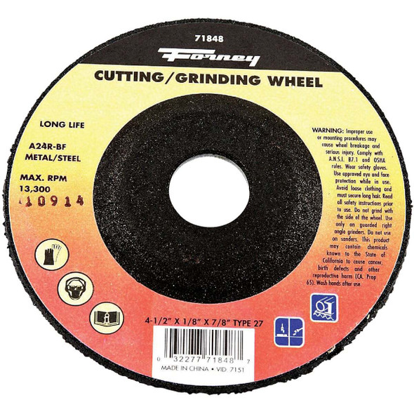 Forney Type 27 4-1/2 In. x 1/8 In. x 7/8 In. Metal/Steel Grinding Cut-Off Wheel