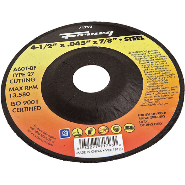 Forney Type 27 4-1/2 In. x 0.045 In. x 7/8 In. Steel Cut-Off Wheel 71793 Forney Type 27 4-1/2 In. x 0.045 In. x 7/8 In. Steel Cut-Off Wheel 71793