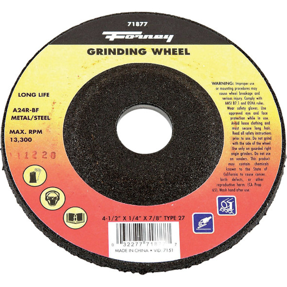 Forney Type 27 4-1/2 In. x 1/4 In. x 7/8 In. Metal/Steel Grinding Cut-Off Wheel Forney Type 27 4-1/2 In. x 1/4 In. x 7/8 In. Metal/Steel Grinding Cut-Off Wheel