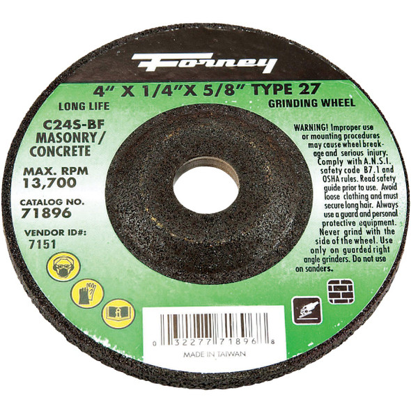 Forney Type 27 4 In. 1x /4 In. x 5/8 In. Masonry Grinding Cut-Off Wheel 71896 Forney Type 27 4 In. 1x /4 In. x 5/8 In. Masonry Grinding Cut-Off Wheel 71896