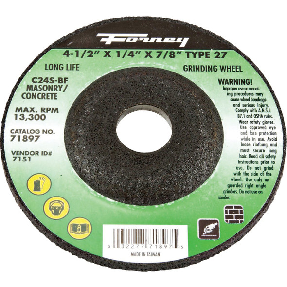 Forney Type 27 4-1/2 In. x 1/4 In. x 7/8 In. Masonry Grinding Cut-Off Wheel Forney Type 27 4-1/2 In. x 1/4 In. x 7/8 In. Masonry Grinding Cut-Off Wheel