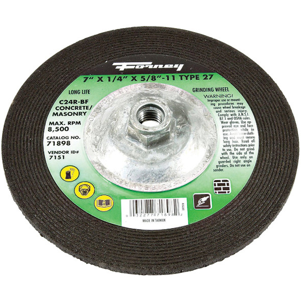 Forney Type 27 7 In. x 1/4 In. x 5/8 In.-11 Masonry Grinding Cut-Off Wheel 71898 Forney Type 27 7 In. x 1/4 In. x 5/8 In.-11 Masonry Grinding Cut-Off Wheel 71898