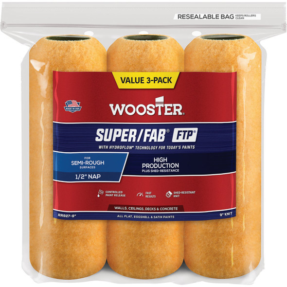 Wooster Super/Fab FTP 9 In. x 1/2 In. Knit Fabric Roller Cover (3- Pack) RR927-9