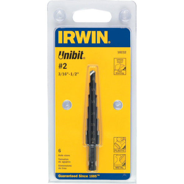 Irwin Unibit 3/16 In. - 1/2 In. #2 Step Drill Bit, 6 Steps Irwin Unibit 3/16 In. - 1/2 In. #2 Step Drill Bit, 6 Steps