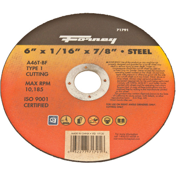 Forney Type 1 6 In. x 1/16 In. x 7/8 In. Steel Cut-Off Wheel 71791 Forney Type 1 6 In. x 1/16 In. x 7/8 In. Steel Cut-Off Wheel 71791