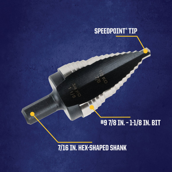 Irwin Unibit 7/8 In. & 1-1/8 In. #9 Step Drill Bit, 2 Steps Irwin Unibit 7/8 In. & 1-1/8 In. #9 Step Drill Bit, 2 Steps