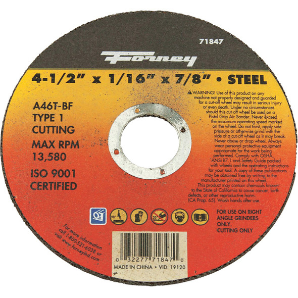 Forney Type 1 4-1/2 In. x 1/16 In. x 7/8 In. Steel Cut-Off Wheel 71847 Forney Type 1 4-1/2 In. x 1/16 In. x 7/8 In. Steel Cut-Off Wheel 71847