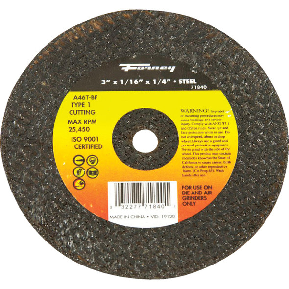 Forney Type 1 3 In. x 1/16 In. x 1/4 In. Steel Cut-Off Wheel 71840 Forney Type 1 3 In. x 1/16 In. x 1/4 In. Steel Cut-Off Wheel 71840