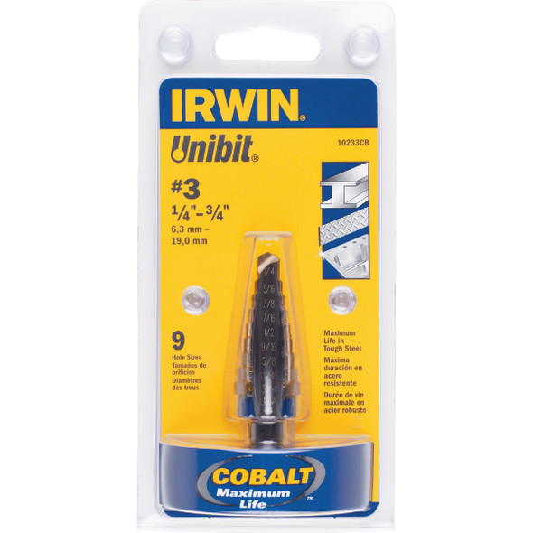 Irwin Unibit 1/4 In. - 3/4 In. #3 Step Drill Bit, 9 Steps Irwin Unibit 1/4 In. - 3/4 In. #3 Step Drill Bit, 9 Steps