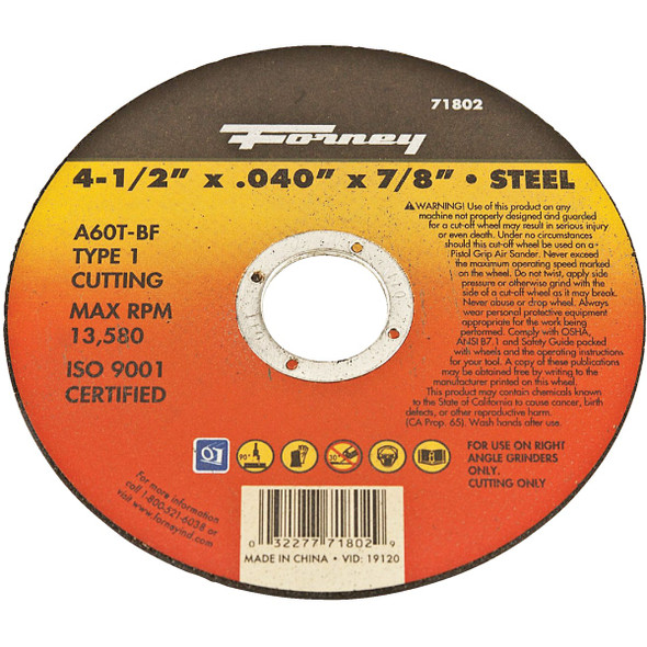 Forney Type 1 4-1/2 In. x 0.040 In. x 7/8 In. Steel Cut-Off Wheel 71802 Forney Type 1 4-1/2 In. x 0.040 In. x 7/8 In. Steel Cut-Off Wheel 71802