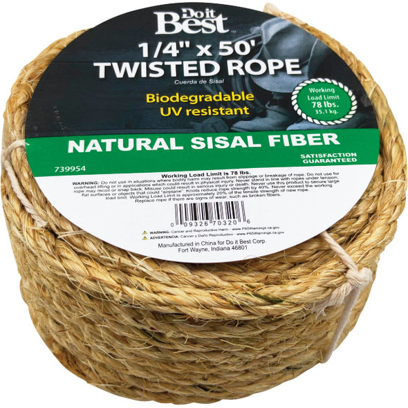 Do it Best 1-4 In. x 50 Ft. Natural Twisted Sisal Fiber Packaged Rope 739954 739954