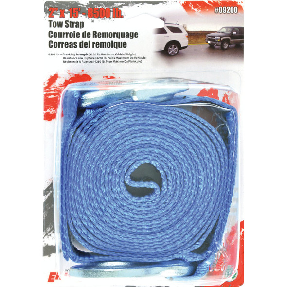 Erickson 2 In. x 15 Ft. 4250 Lb. Polyester Tow Strap with Hooks, Blue Erickson 2 In. x 15 Ft. 4250 Lb. Polyester Tow Strap with Hooks, Blue