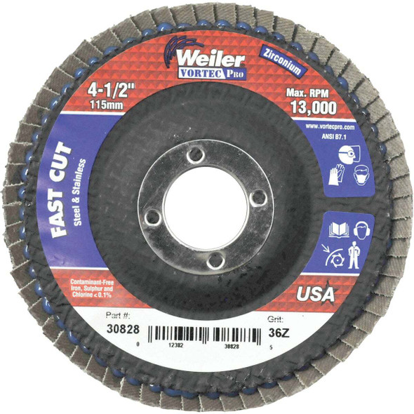 Weiler Vortec 4-1/2 In. x 7/8 In. 36-Grit Type 29 Angle Grinder Flap Disc 30828