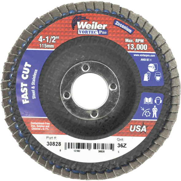 Weiler Vortec 4-1/2 In. x 7/8 In. 36-Grit Type 29 Angle Grinder Flap Disc 30828 Weiler Vortec 4-1/2 In. x 7/8 In. 36-Grit Type 29 Angle Grinder Flap Disc 30828
