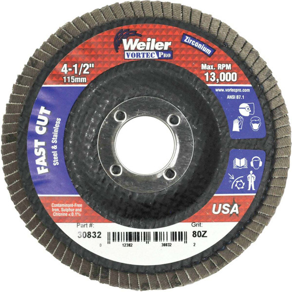 Weiler Vortec 4-1/2 In. x 7/8 In. 80-Grit Type 29 Angle Grinder Flap Disc 30832
