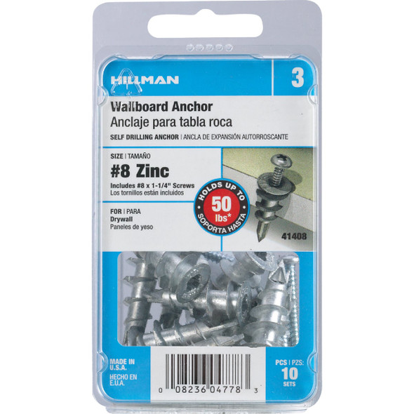 Hillman #8 Zinc Wallboard Self-Drilling Anchor with Screws (10-Count) 41408 739359