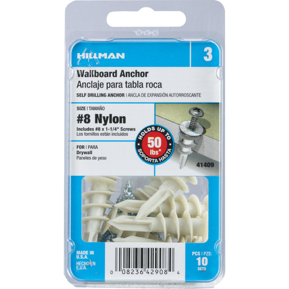 Hillman #8 Nylon Wallboard Self-Drilling Anchor with Screws (10-Count) 41409 728519