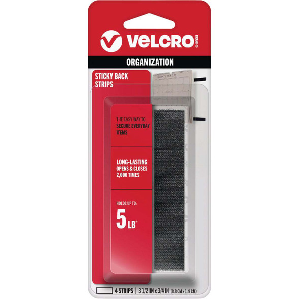 VELCRO Brand 3/4 In. x 3-1/2 In. Black Sticky Back Hook & Loop Strips (4-Count)