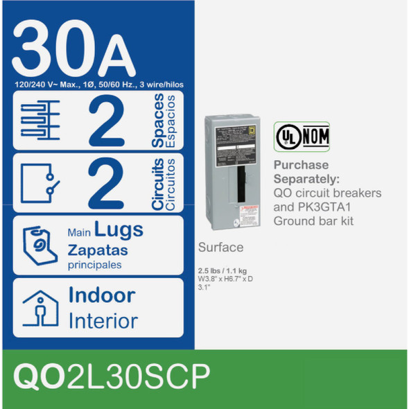 Square D QO 30A 2-Space 2-Circuit Indoor Main Lug Load Center QO2L30SCP 528405