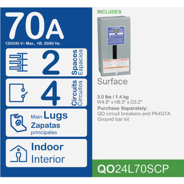 Square D QO 70A 2-Space 4-Circuit Indoor Main Lug Load Center Square D QO 70A 2-Space 4-Circuit Indoor Main Lug Load Center