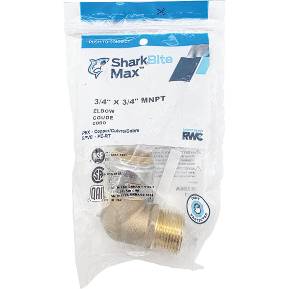 Sharkbite 3-4 In. x 3-4 In. 90-Deg Push-to-Connect MNPT Brass Elbow (1-4 Bend) UR286A 405120