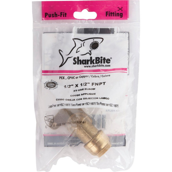 SharkBite 1-2 In. x 1-2 In. Push-to-Connect Hi-Ear Brass Elbow (1-4 Bend) U335LFA 464358