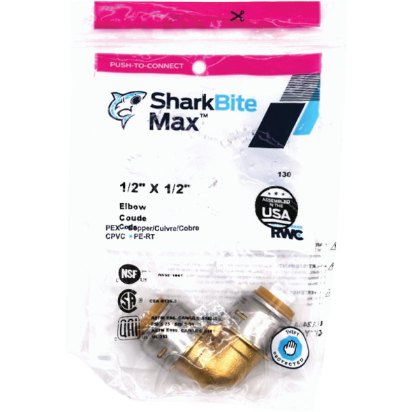 SharkBite 1/2 In. x 1/2 In. 90 Deg. Push-to-Connect Brass Elbow (1/4 Bend)