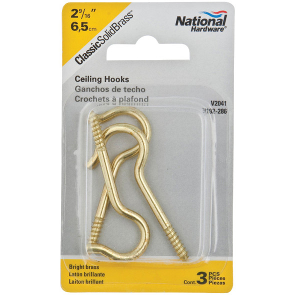 National Hardware #8 Solid Brass Ceiling Hook (3-Pack) N192-286