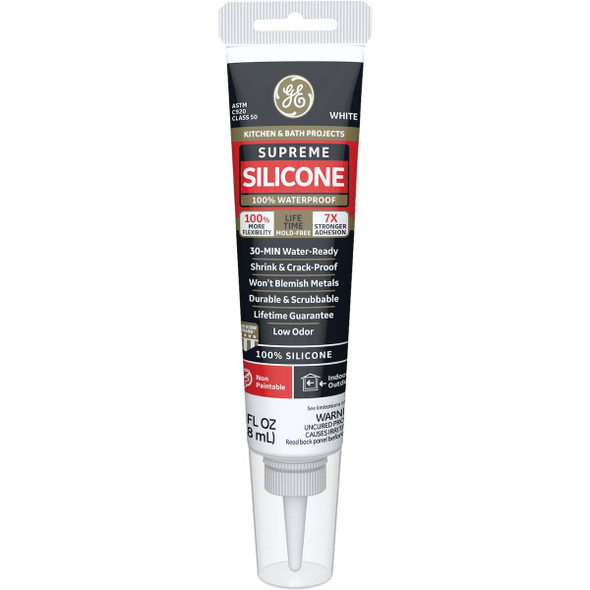GE Supreme Silicone Kitchen & Bath Sealant, White, 2.8  Oz. Tube 2974791