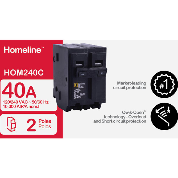 Square D Homeline 40A Double-Pole Standard Trip Circuit Breaker HOM240C 505439