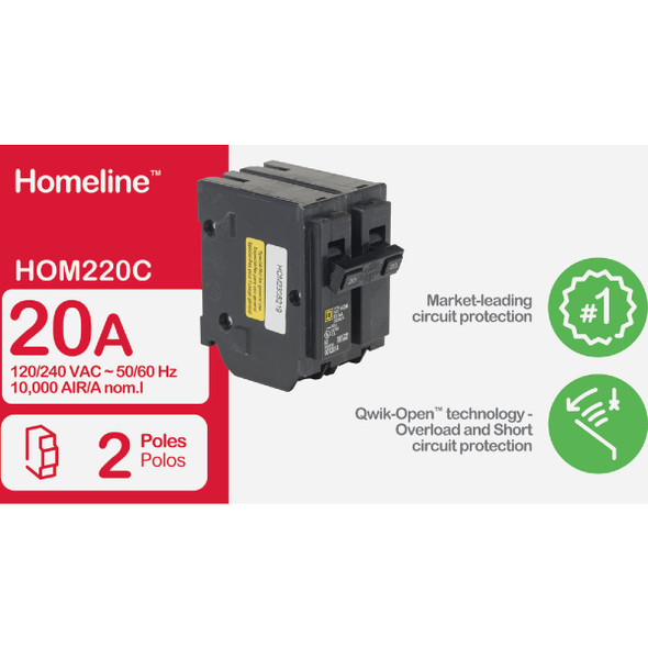 Square D Homeline 20A Double-Pole Standard Trip Circuit Breaker