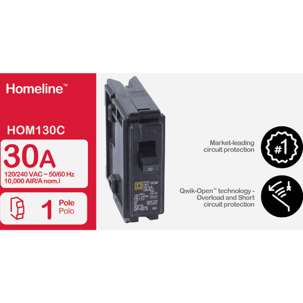 Square D Homeline 30A Single-Pole Standard Trip Circuit Breaker HOM130C 505757