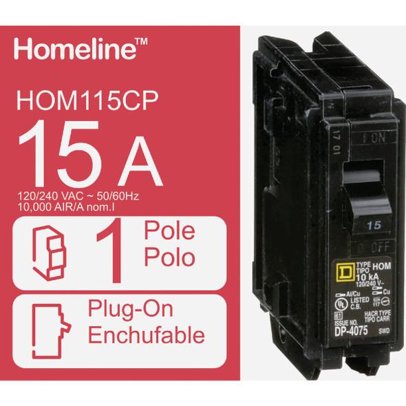 Square D Homeline 15A Single-Pole Standard Trip Circuit Breaker Square D Homeline 15A Single-Pole Standard Trip Circuit Breaker