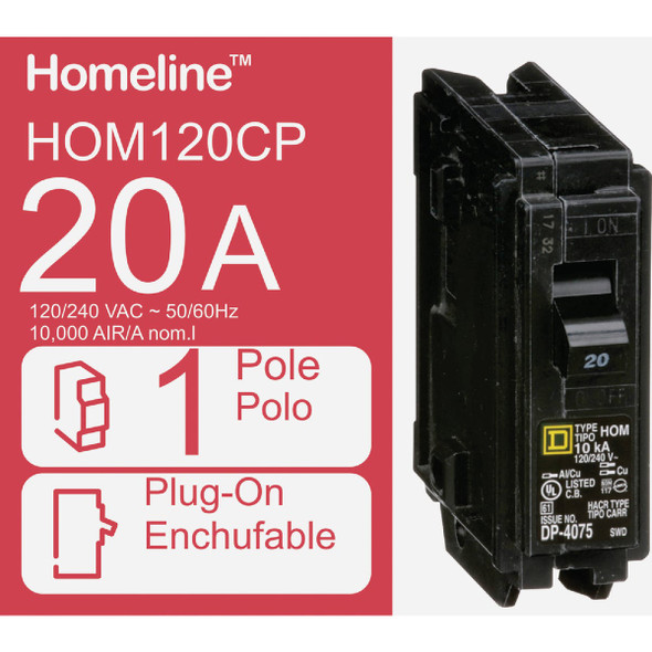 Square D Homeline 20A Single-Pole Standard Trip Circuit Breaker HOM120CP 513644