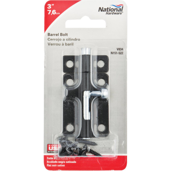 National Hardware 3 In. Black Steel Door Barrel Bolt