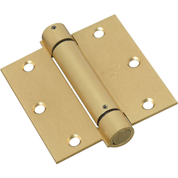 National Hardware 3-1/2 In. Square Satin Brass Spring Door Hinge Pack of 2