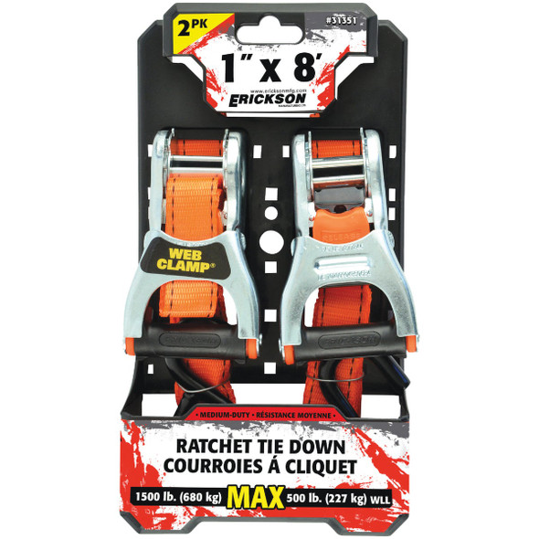 Erickson 1 In. x 8 Ft. Ratchet Tie-Down with Web Clamp (2-Pack) 500 lb.