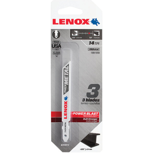 Lenox 3-5-8 In. x 14 TPI T-Shank Bi-Metal Jig Saw Blade for Thick Metal (3-Pack) 1991559 332803