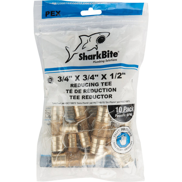 SharkBite 3-4 In. x 3-4 In. x 1-2 In. Barb Reducing Brass PEX Tee (10-Pack) UC412LFA10 419575