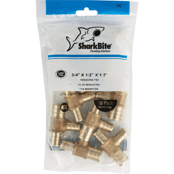 SharkBite 3-4 In. x 1-2 In. x 1-2 In. Barb Reducing Brass PEX Tee (10-Pack) UC454LFA10 401855