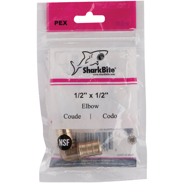 SharkBite 1-2 In. x 1-2 In. Barb 90 Deg. Brass PEX Elbow (1-4 Bend) UC248LFA 400351