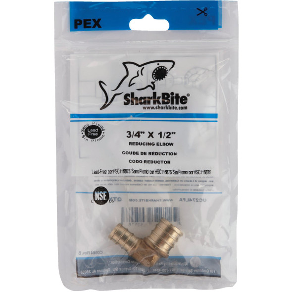 SharkBite 1-2 In. x 3-4 In. Barb 90 Deg. Brass Reducing PEX Elbow (1-4 Bend) UC274LFA 400491