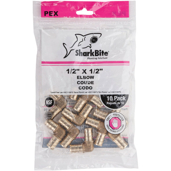 SharkBite 1-2 In. x 1-2 In. Barb 90 Deg. Brass PEX Elbow (1-4 Bend) (10-Pack) UC248LFA10 466646
