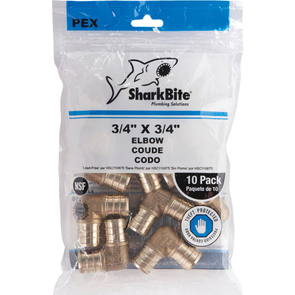 SharkBite 3-4 In. x 3-4 In. Barb 90 Deg. Brass PEX Elbow (1-4 Bend) (10-Pack) UC256LFA10 466654