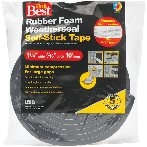 Do it Best 1-1/4 In. W x 7/16 In. T x 10 Ft. L Black Rubber Foam Weatherstrip Tape