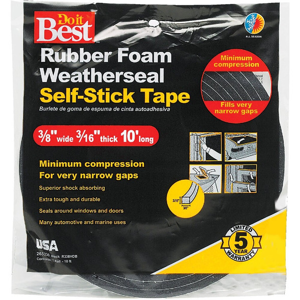 Do it Best 3-8 In. x W 3-16 In. T x 10 Ft. L Black Rubber Foam Weatherstrip Tape R338HDB 265330
