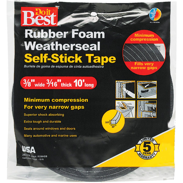Do it Best 3/8 In. x W 3/16 In. T x 10 Ft. L Black Rubber Foam Weatherstrip Tape