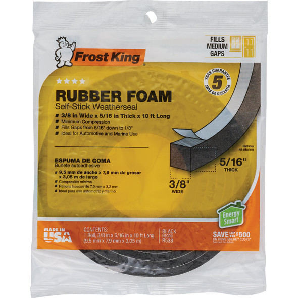 Frost King 3-8 In. W x 5-16 In. T x 10 Ft. L Black Rubber Foam Weatherstrip Tape R538H 265349